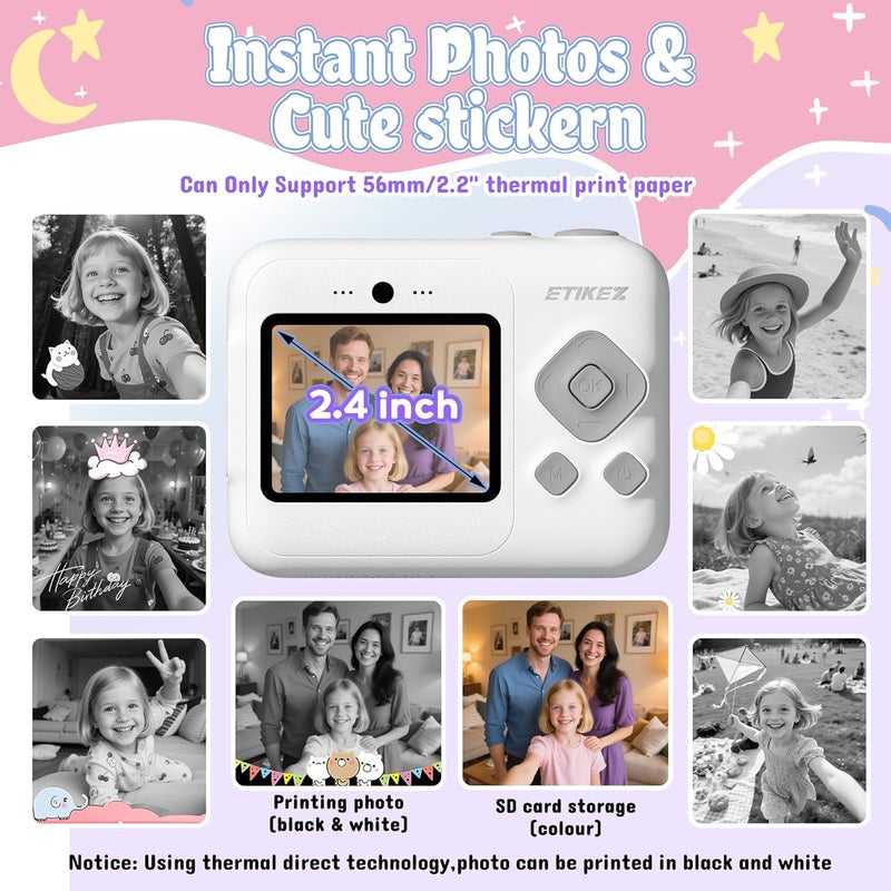 ETIKEZ Kids Camera, 1080P Instant Digital Print Camera for Kids, Christmas Birthday Gifts for 4 5 6 7 8 9 10 Year Old Girls Boys, Portable Toy with 32GB SD Card & 3 Rolls Printing Paper, White - Image 3